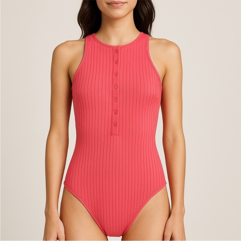 Shade & Shore Coral Ribbed One Piece Swimsuit
